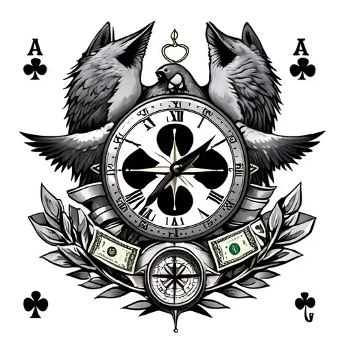 clock, doves, eye, shamrock, wolf, ace of spades, arrows, money, compass, laurel wreath, and wings tattoo design idea