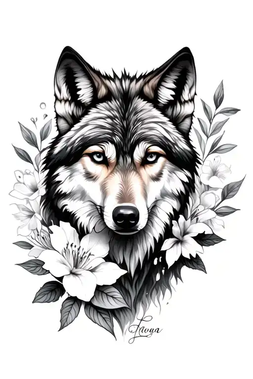 feminine wolf and azalea flowers tattoo design idea