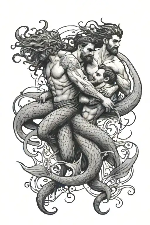two merman protecting a man tattoo design idea