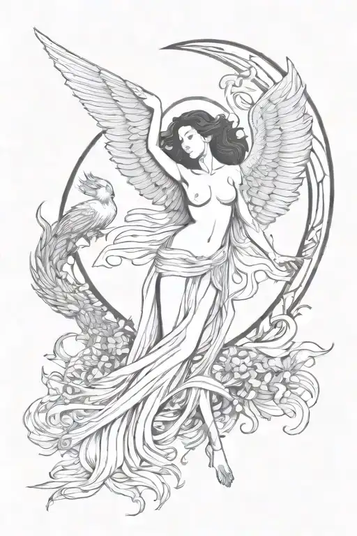 moon, broken winged aquarian beautiful angel with phoenix and water and nature  tattoo design idea