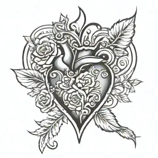 Plain but lifelike heart tattoo, add a rose and put the letter N inside it tattoo design idea