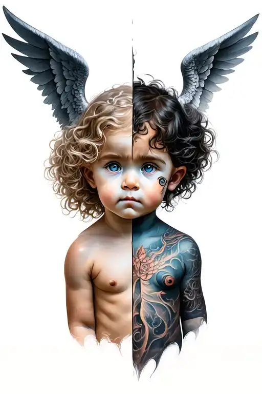 Half angel and half demon child tattoo design idea