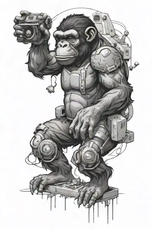 black/white Tattoo-Idea: Male ape with joint, playing videogames in Space  tattoo design idea