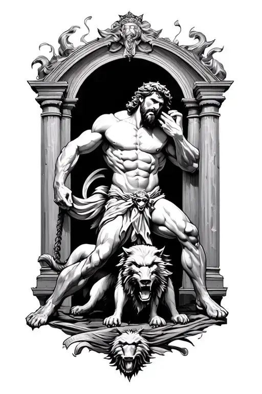 realistic Hercules tattoo defeating Cerberus guarding the gates tattoo design idea
