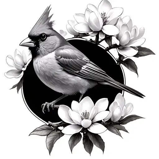 A black and grey micro realism cardinal on a blooming magnolia tree placed on the shoulder blade  tattoo design idea