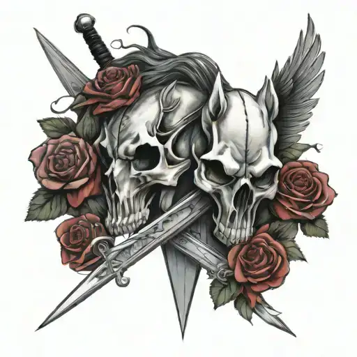Horse Skull and Roses with large swords  Crossing eachother tattoo design idea