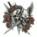 Horse Skull and Roses with large swords  Crossing eachother tattoo design idea