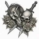 Horse Skull and Roses with large swords  Crossing eachother tattoo design idea