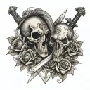 Horse Skull and Roses with large swords  Crossing eachother tattoo design idea
