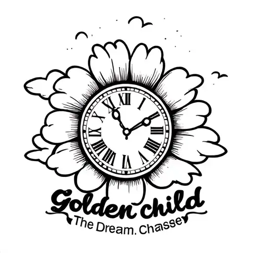 Kaws flower with "Golden child" written under it with the dream chaser logo with a roman numeral clock shadded in clouds tattoo design idea