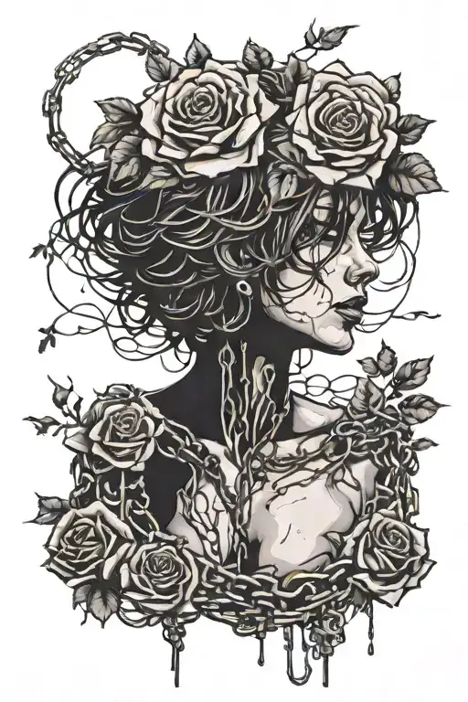 Silhouette of a girl with short hair, bare chest, roots growing out of chains, roses, decaying flesh tattoo design idea