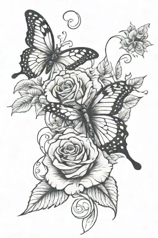 butterfly tattoo, scroll wrapped, roses growing tattoo design idea