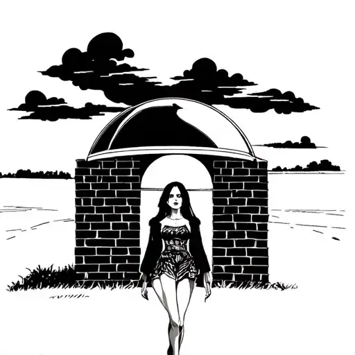 A protective dome, a girl is in it, in front of her is a brick wall, behind a green field and a sky with porous clouds tattoo design idea