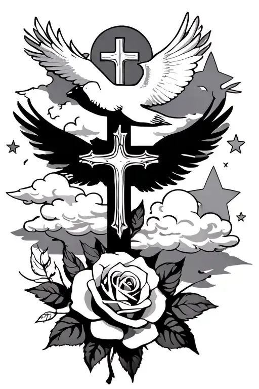 Clouds and White stars and doves and  a rose and a Catholic Cross tattoo design idea