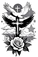 Clouds and White stars and doves and  a rose and a Catholic Cross tattoo design idea