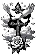 Clouds and White stars and doves and  a rose and a Catholic Cross tattoo design idea