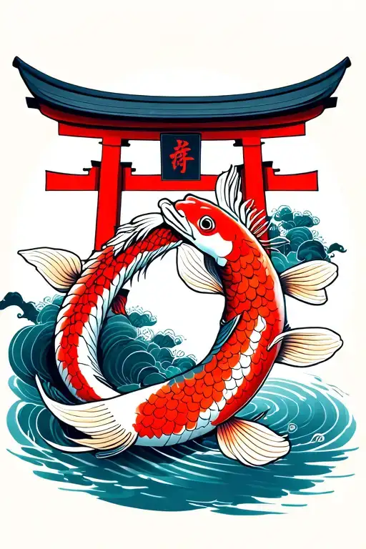 torii gate, koi carp, japan style tattoo design idea