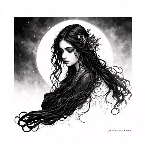 solemn, mysterious feminine figure— of forgotten places and memories. She embodies sorrow, stillness, loss of memory  tattoo design idea