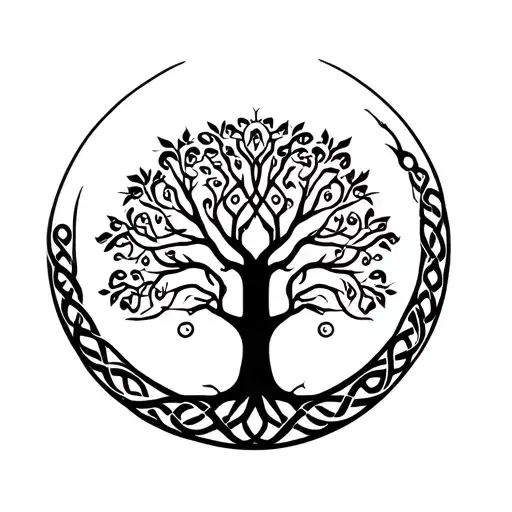 Celtic tree of life. Roots of the tree form Celtic knotting that creates a circular band around the entire tree.  tattoo design idea