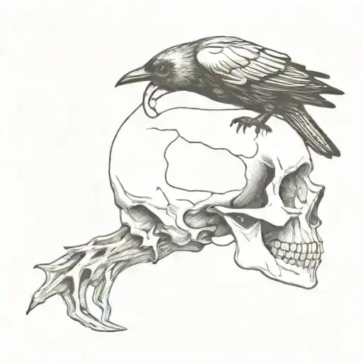 Crow scratching a skull tattoo design idea
