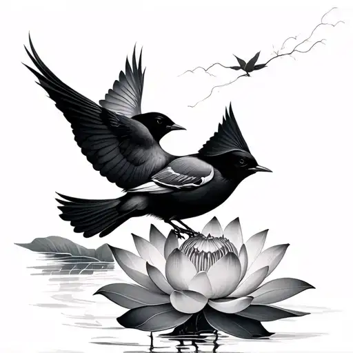 two blackbirds flying above a lotus flower blooming tattoo design idea