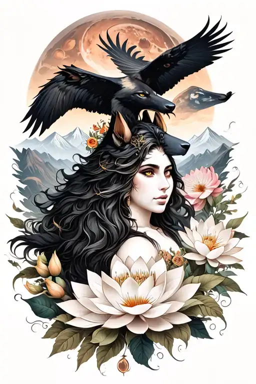 Aries Goddess Surrounded By Poeny And Lotus Flowers With A Black Wolf and hawk And Mountains Range and mars in sky  tattoo design idea