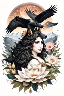 Aries Goddess Surrounded By Poeny And Lotus Flowers With A Black Wolf and hawk And Mountains Range and mars in sky  tattoo design idea