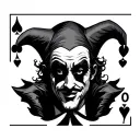 a jester holding a ace of spade card with his two finger covering half of his face tattoo design idea