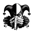 a jester holding a ace of spade card with his two finger covering half of his face tattoo design idea