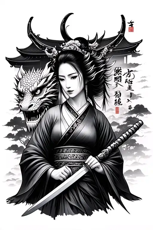 japanese geisha holding a katana and traditional temple background oni mask merged, dragon forearm with kanji inside tattoo design idea