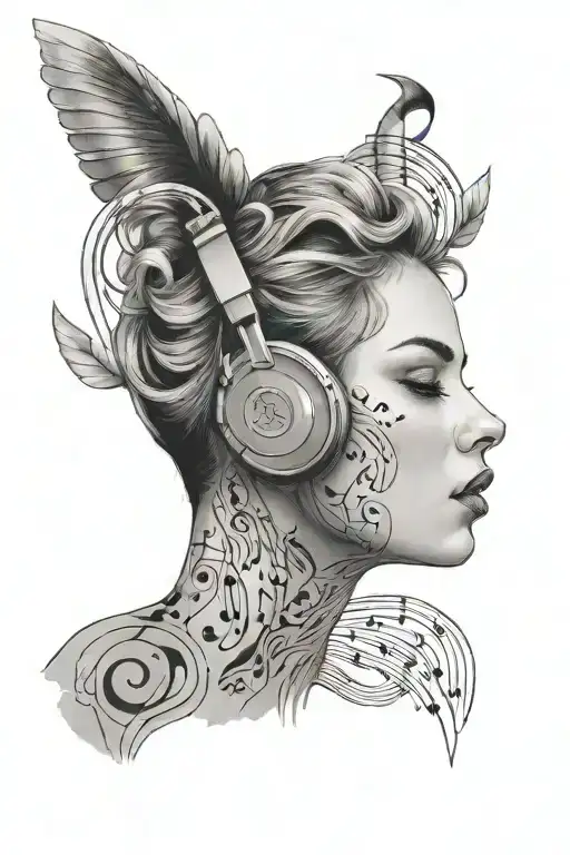 Music notes floats around a girl with soft straight hair, almond-eyes, full and large lips, and a sharp jawline tattoo design idea