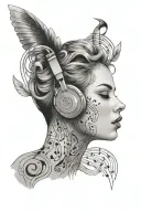 Music notes floats around a girl with soft straight hair, almond-eyes, full and large lips, and a sharp jawline tattoo design idea