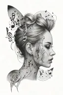 Music notes floats around a girl with soft straight hair, almond-eyes, full and large lips, and a sharp jawline tattoo design idea