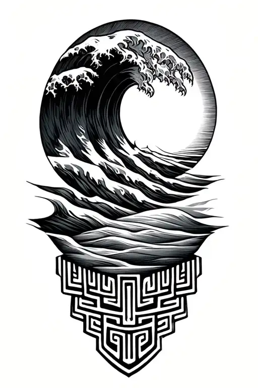 gentle wave, sun rise, Greek key band at base tattoo design idea