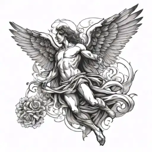 Icarus falling angel line drawing tattoo design idea