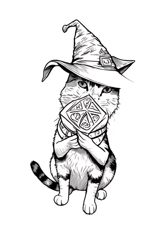 DnD D20 held by a cat with a wizard hat tattoo design idea