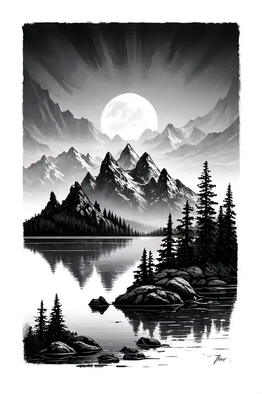 grief mountains lake 1111 tattoo design idea