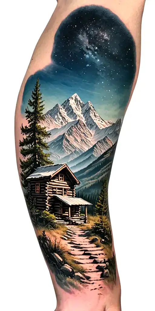 A mountain trail, with a log cabin ahead surrounded by mountains and a starry sky tattoo design idea