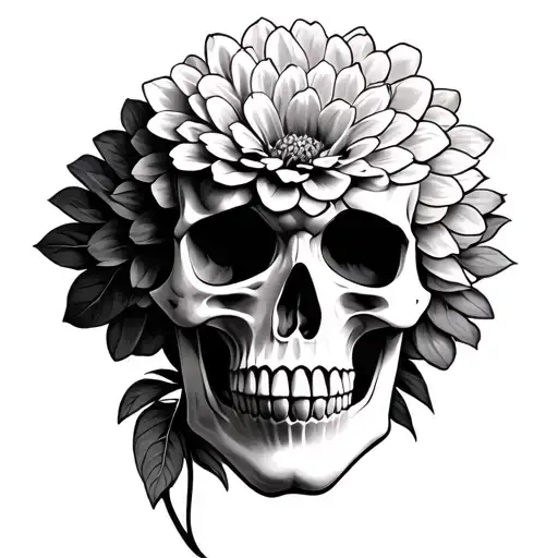 dahlia flower skull face tattoo design idea
