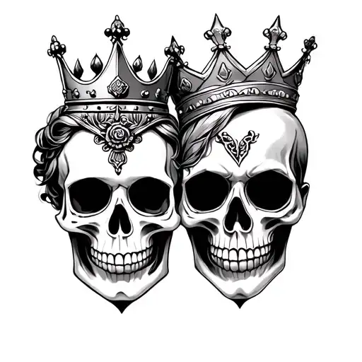 Two skulls, style dia de los muertos one with a king crown and the other with a queen crown. tattoo design idea