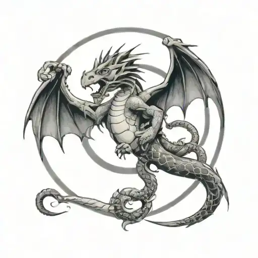 a circle made by a dragon chasing a snake with a monkey in the middle of the circle tattoo design idea