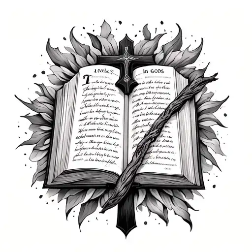 I want a cross in my four arm with a bible in the middle with it open with a bible scripture on the page saying in gods  tattoo design idea