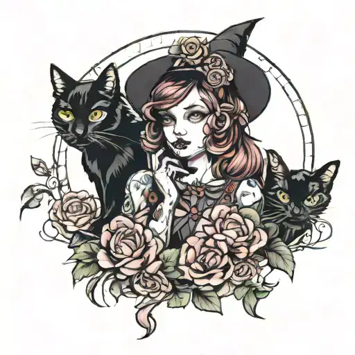 Beautiful witch girl with black cat tattoo design idea