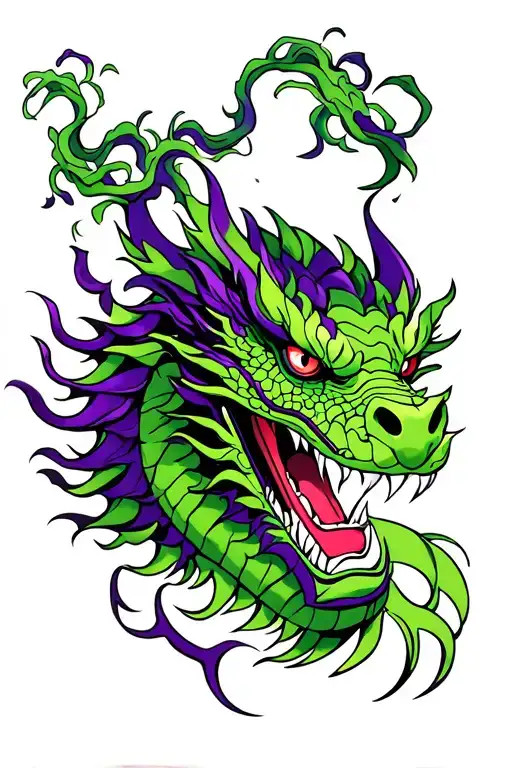 neo trad Japanese dragon head, green and purple, bold outline tattoo design idea