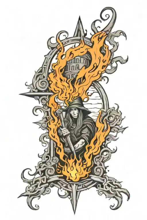 Dark norse burning witch and church black grey orange fire tattoo design idea