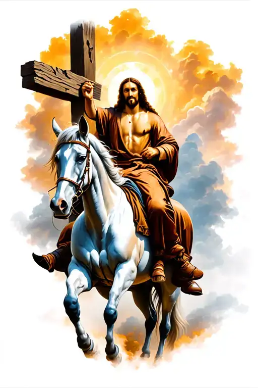 Jesus riding horse through shy above Golgotha  tattoo design idea