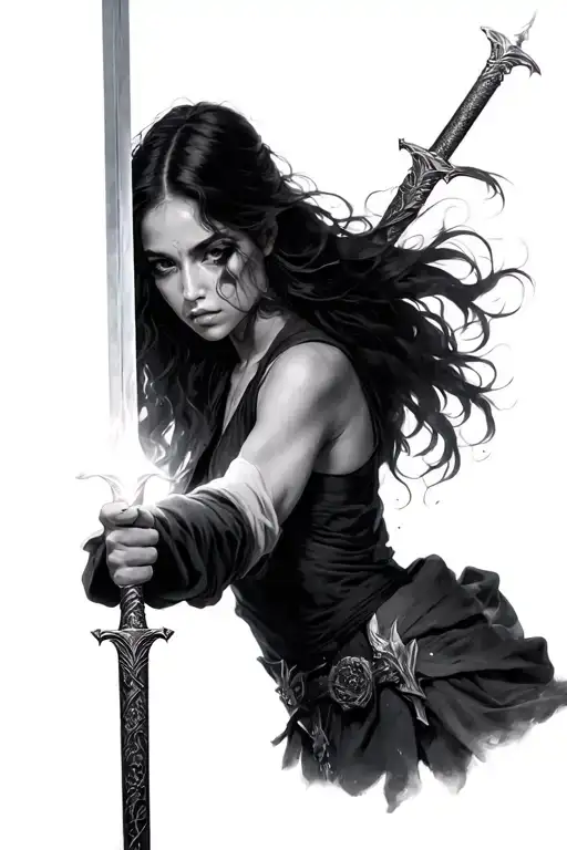 woman good holding a light sword in one hand tattoo design idea