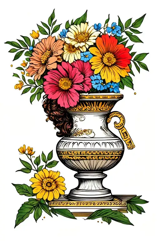 Greek vase with flowers coming out and a woman on front  tattoo design idea