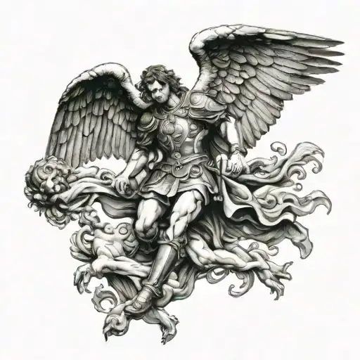 Saint Michael the Archangel killing and stepping on the devil lying down tattoo design idea