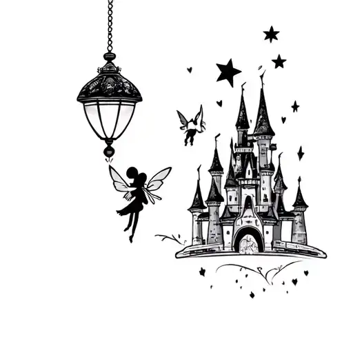  the Rapunzel lanterns with a Mickey ballon over a small Disney castle with the Evangeline Star up with tinkerbell pixie tattoo design idea